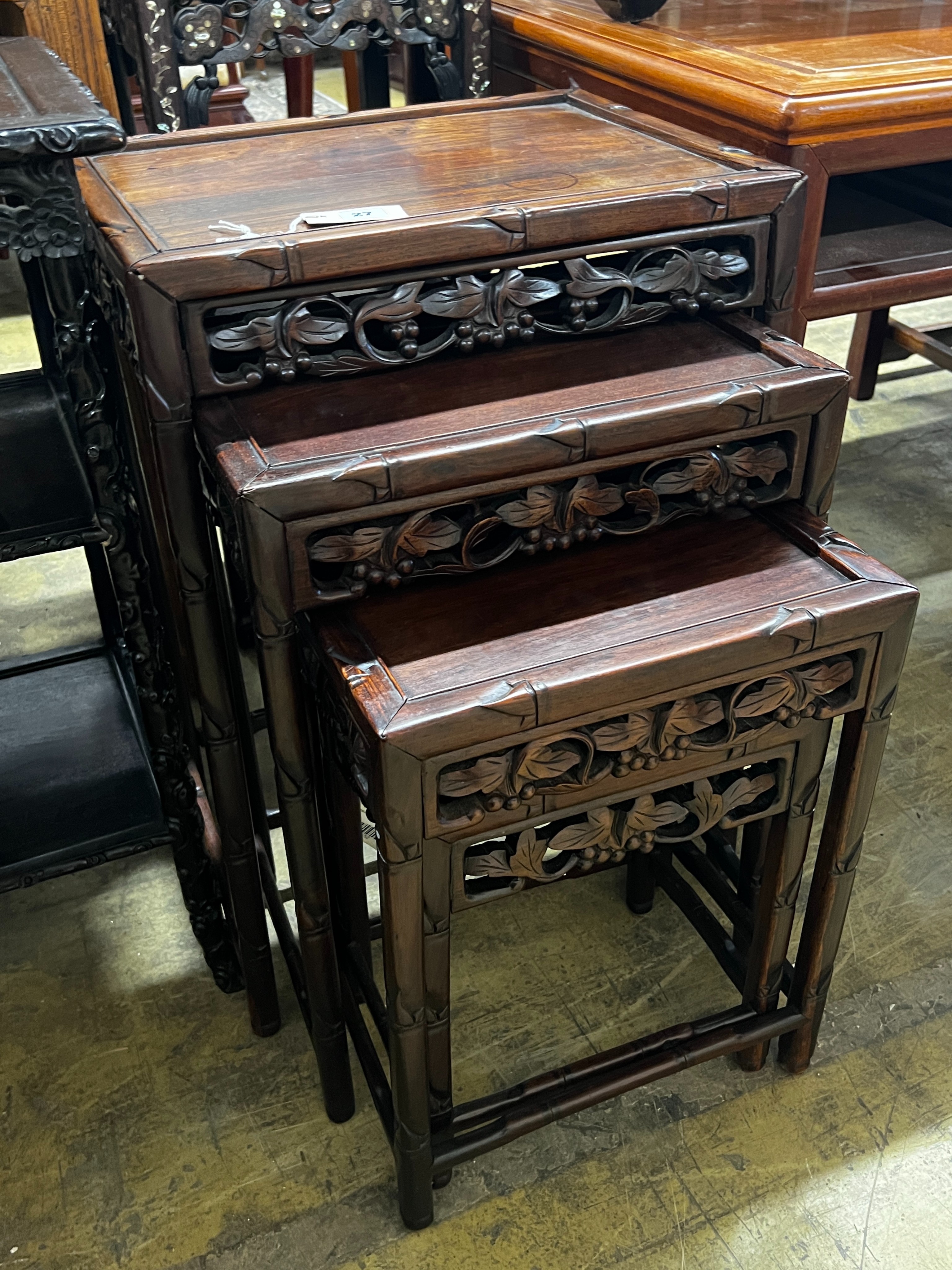 A quartetto of Chinese rectangular hongmu tea tables, width 50cm, depth 36cm, height 70cm